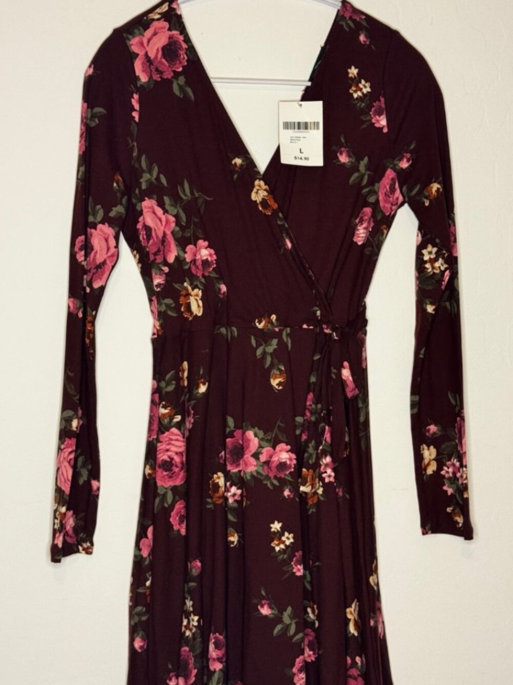 Burgundy floral wrap dress